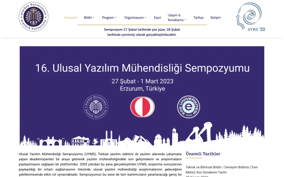 16. Ulusal Yazılım Mühendisliği Sempozyumu'nun tanıtım sayfası ekran görüntüsü. Sayfada etkinlik tarihi 27 Şubat - 1 Mart 2023, yeri Erzurum Türkiye olarak belirtilmiştir.