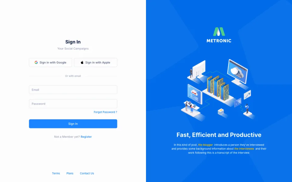 Metronic sisteminin giriş ekranı; sol tarafta e-posta, şifre alanları ve Google ile Apple üzerinden giriş butonlarının olduğu bir form, sağ tarafta ise mavi arka plan üzerinde teknolojik illüstrasyonl
