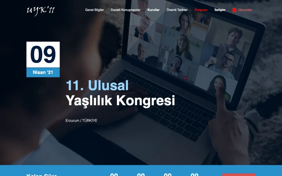 11. Ulusal Yaşlılık Kongresi tanıtım görseli. Görselde 09 Nisan '21 tarihi, kongre ismi ve Erzurum/TÜRKİYE ibaresi ile birlikte bir dizüstü bilgisayar ekranında çevrimiçi toplantı yapan kişiler görülm