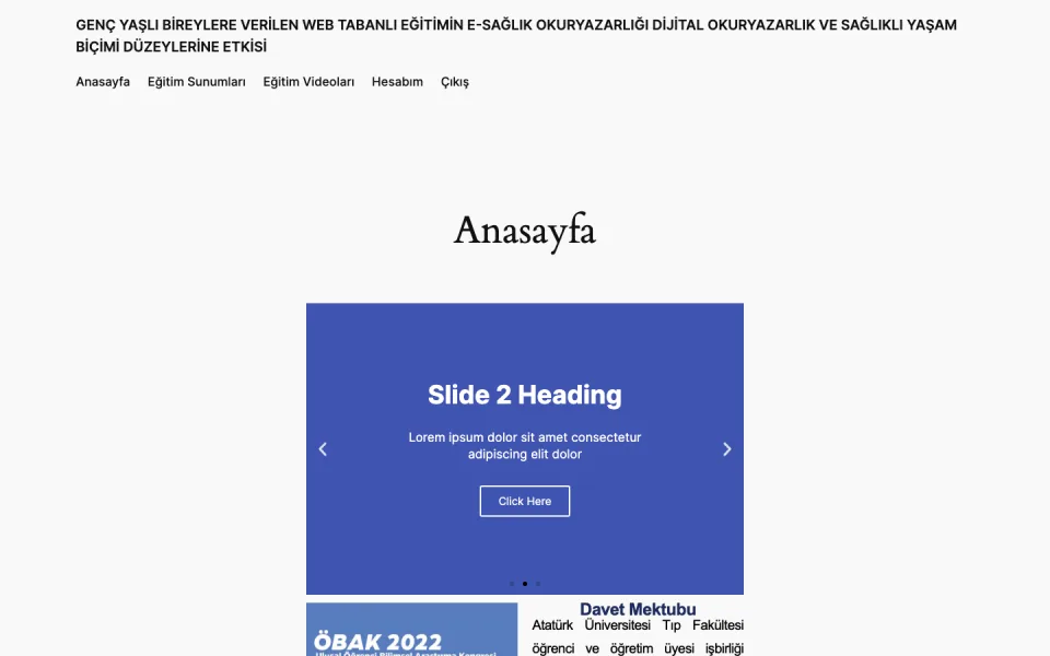 Web sitesinin anasayfa ekran görüntüsü. Üstte navigasyon menüsü, ortada 'Anasayfa' başlığı ve altında 'Slide 2 Heading' yazılı mavi bir tanıtım slaytı yer alıyor.