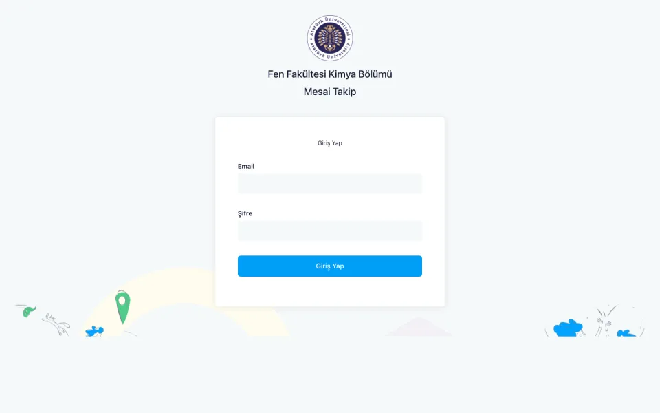 Fen Fakültesi Kimya Bölümü Mesai Takip sistemi giriş ekranı. Sayfada Email ve Şifre alanları ile mavi renkli Giriş Yap butonu yer alıyor.