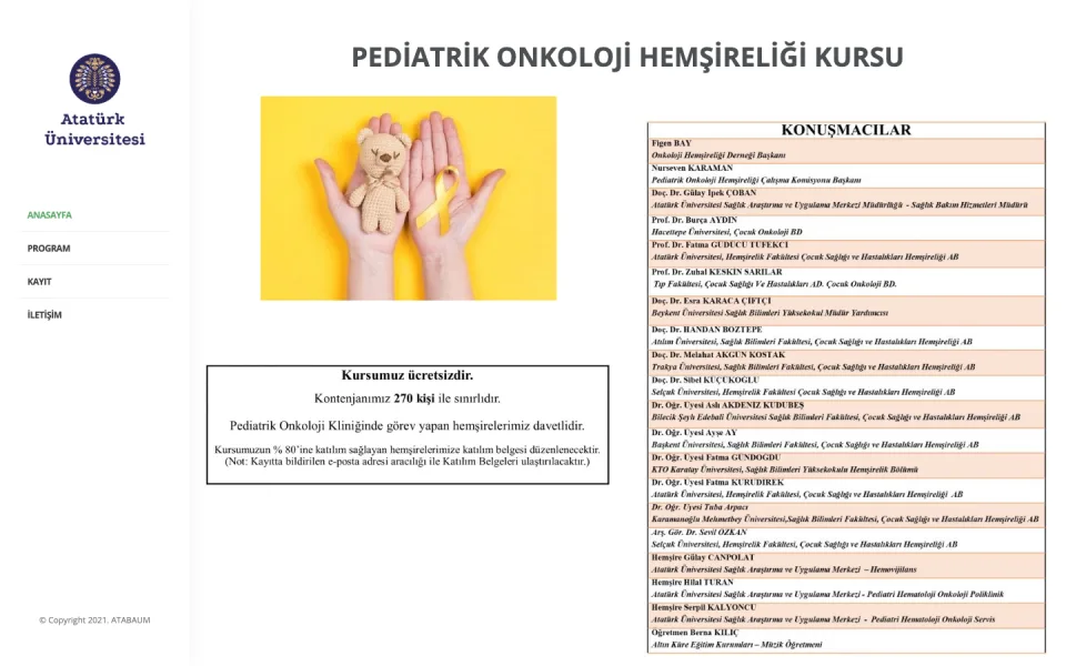 Pediatrik Onkoloji Hemşireliği Kursu tanıtım sayfası. Sayfada kurs başlığı, bir yetişkin ve çocuk elinin yan yana olduğu fotoğraf, kurs detayları ve konuşmacı listesi yer alıyor.