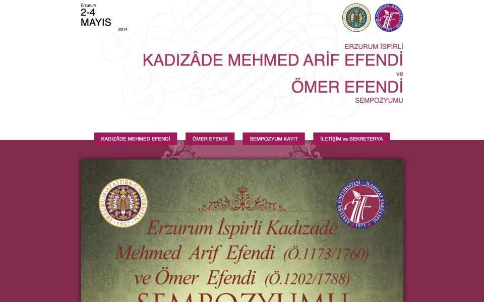 Erzurum İspirli Kadizâde Mehmed Arif Efendi ve Ömer Efendi Sempozyumu web sitesinin ana sayfası. Üstte menü butonları, altta ise sempozyum başlığının yer aldığı süslemeli bir afiş görseli bulunuyor.