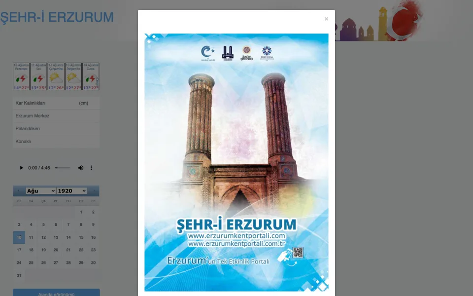 Kent Portal web sitesinin ekran görüntüsü. Arka planda hava durumu ve kar kalınlığı tablosu ile takvim yer alırken, ön planda Şehr-i Erzurum yazılı ve tarihi bir yapı görselinin bulunduğu bir pencere 