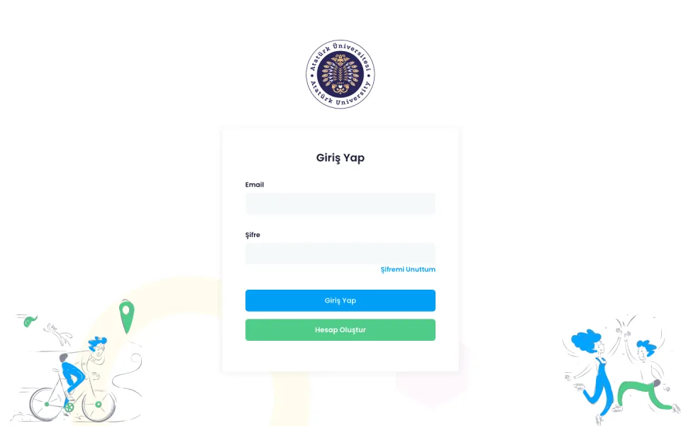 Atatürk Üniversitesi logosunun altında yer alan, Email ve Şifre giriş alanları ile Giriş Yap ve Hesap Oluştur butonlarından oluşan Giriş Yap formu ekranı.