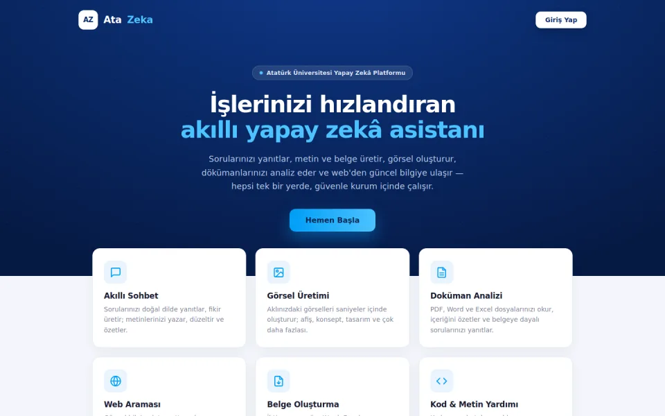 AtaZeka ana ekranı: sohbet kutusu ve sunulan araçların kartları