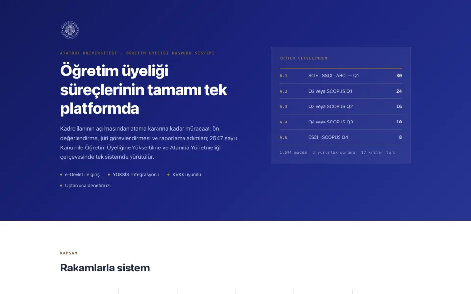 Öğretim Üyeliği Başvuru Sistemi tanıtım ekranı. Sol tarafta sistemin kapsamını anlatan metinler, sağ tarafta ise kriter cetvelinden puanlama örneklerini içeren bir tablo yer alıyor.