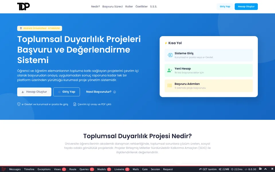 Toplumsal Duyarlılık Projeleri Başvuru ve Değerlendirme Sistemi ana sayfası. Sayfada sistem tanıtım metni, Hesap Oluştur ve Giriş Yap butonları ile Kısayol menüsü yer alıyor.