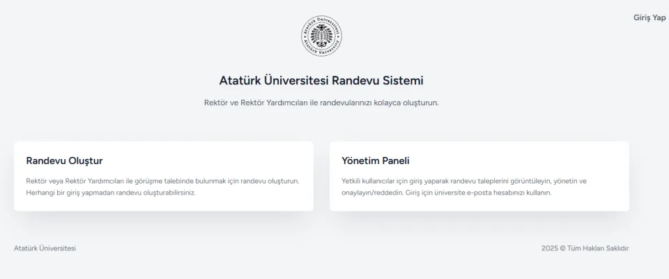 Atatürk Üniversitesi Randevu Sistemi ana sayfası. Sayfada 'Randevu Oluştur' ve 'Yönetim Paneli' başlıklı iki bilgi kutucuğu yer almaktadır.