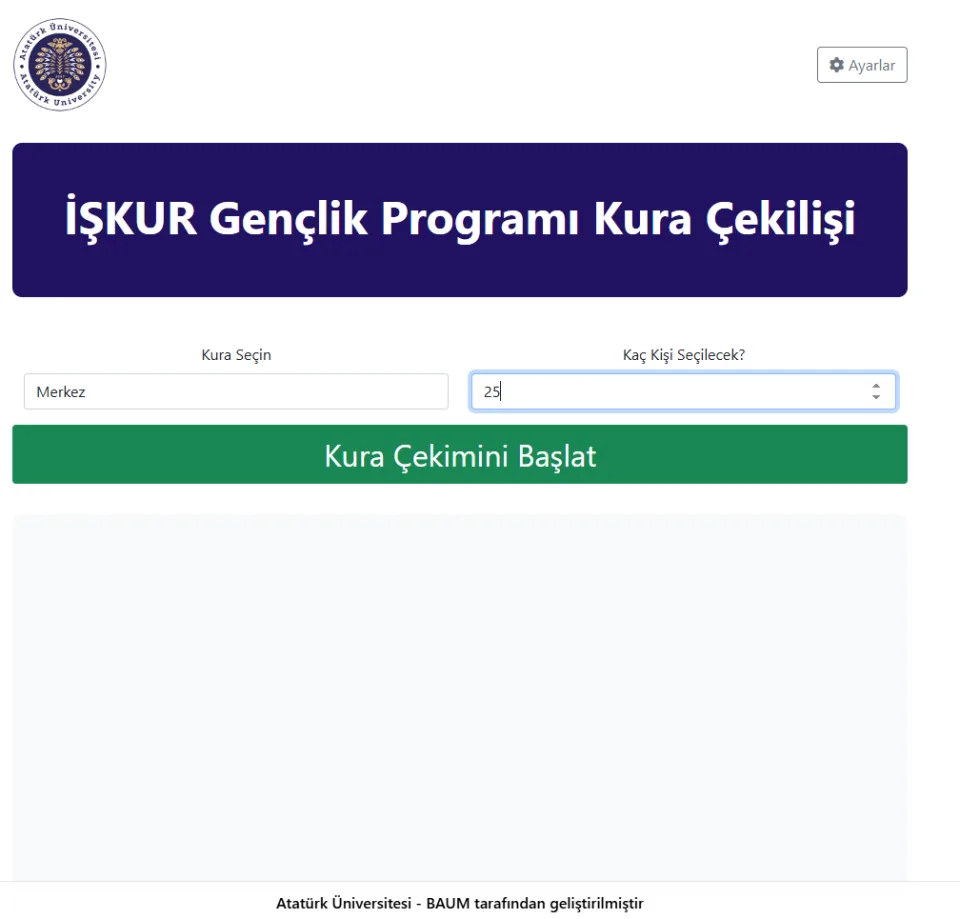 İŞKUR Gençlik Programı Kura Çekilişi ekranı. 'Kura Seçin' alanında Merkez, 'Kaç Kişi Seçilecek?' alanında 25 yazılıdır. Alt kısımda yeşil renkli 'Kura Çekimini Başlat' butonu yer almaktadır.