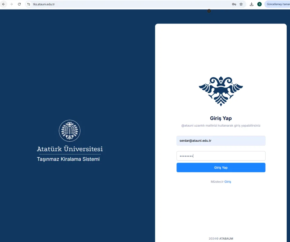 Atatürk Üniversitesi Taşınmaz Kiralama Sistemi giriş ekranı; kullanıcı adı ve şifre alanları ile mavi renkli Giriş Yap butonu yer alıyor.