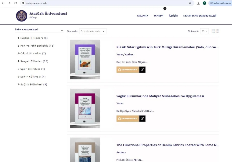 Atatürk Üniversitesi E-Kitap platformu ana sayfası. Sol tarafta ürün kategorileri listesi, orta alanda ise kitap kapakları, isimleri ve yazarlarının bulunduğu kitap listeleme ekranı yer alıyor.