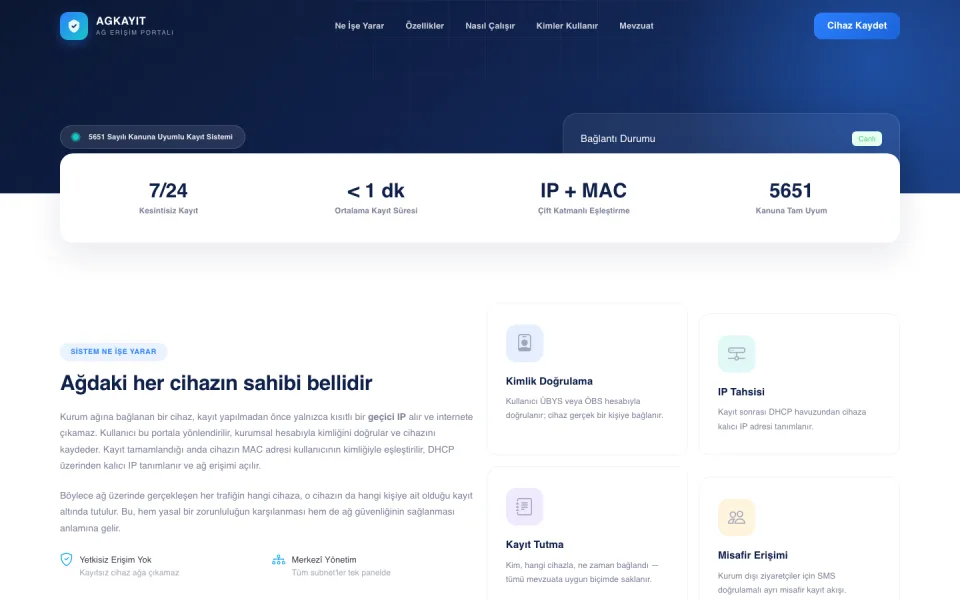 AGKAYIT Ağ Erişim Portalı ana sayfası. Üstte menüler ve 'Cihaz Kaydet' butonu, ortada 7/24 kayıt, 1 dakikadan kısa süre, IP+MAC eşleştirme ve 5651 kanun uyumu bilgileri yer alıyor.